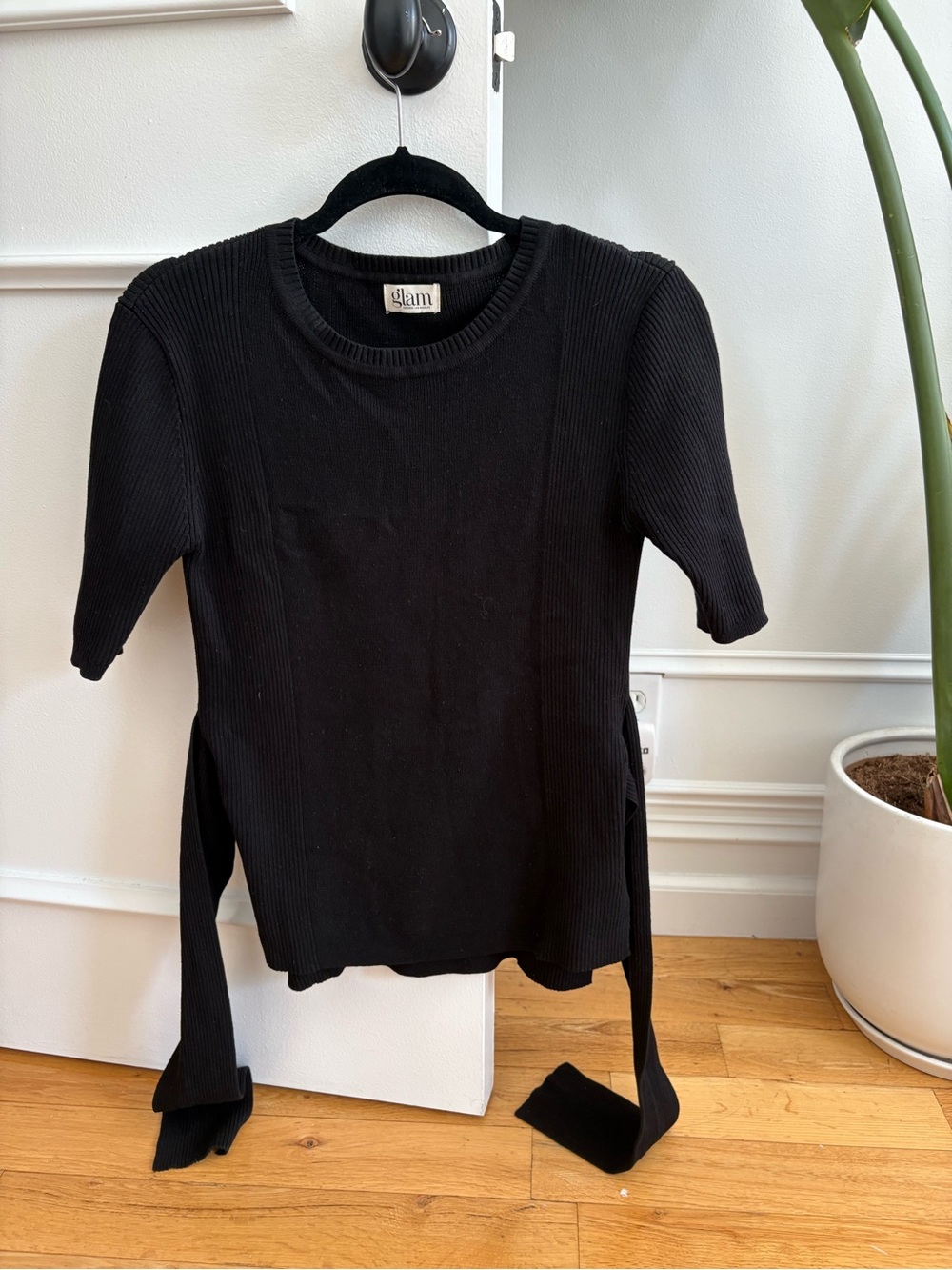glam Black Knit Short Sleeve Top with Side Ties
